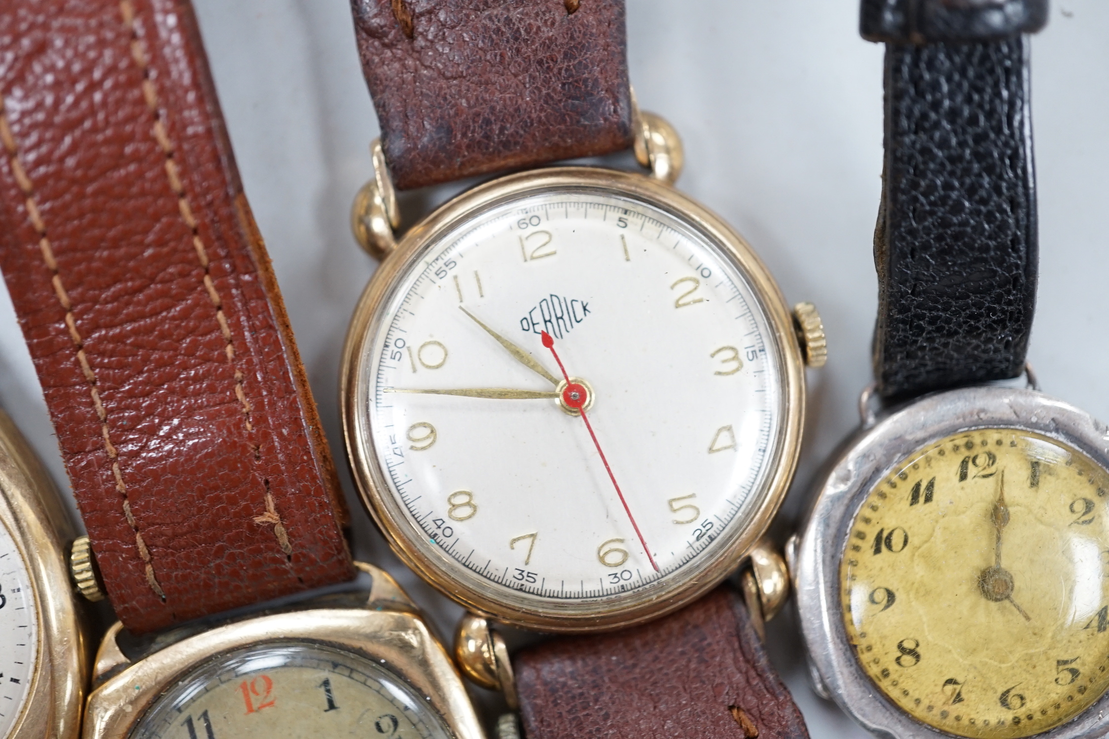 Five assorted 9ct gold lady's or gentleman's manual wind wrist watches, including Waltham, Record & Derrick and three other wrist watches.
